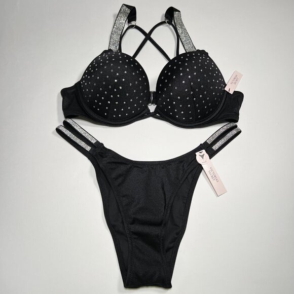 Victoria Secret 32D S Bombshell Push Up Bikini Top Set Glam Shine Strap Black - Picture 1 of 12